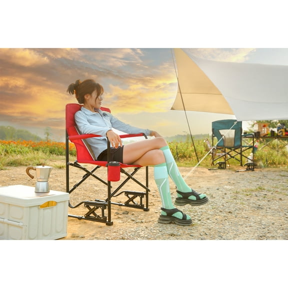 Red Rocker Camping Chair Portable Folding Rocking Chair with Solid Armrests, Mesh Back, and Ergonomic Design