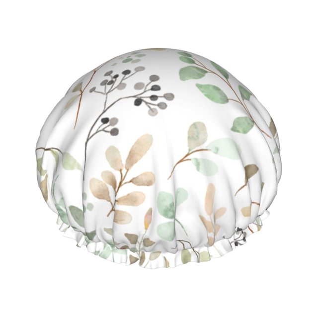 YFYANG Bonnet de Douche Double Imperméable pour Femmes, Feuilles de Plantes Aquarelle Blanches Réutilisable pour Tous Types et Tailles de Cheveux