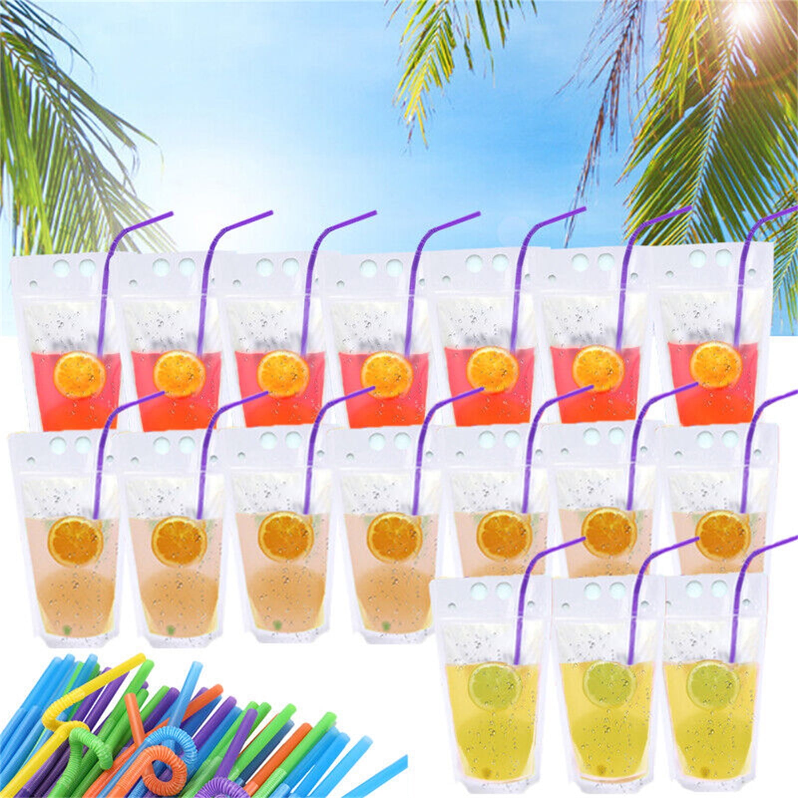 MUCH 50pcs Premium Plastic Drink Pouches with Straws,17oz Drink Bags