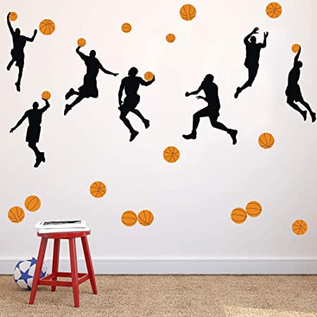 Sport Player Wall Stickers Jumpman Wall Art for Boys Living Room Bedroom Playroom 20 Decals Basketball Slam Dunk Silhouette Wall Decals