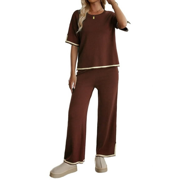 Osfvolr Short-Sleeved Knitted Trousers Suit Brown XS