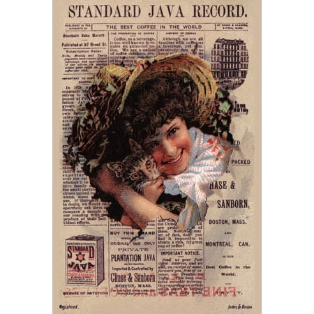 Victorian trade card for Chase & Sandborn Standard Java coffee  The image is of a woman hugging a cat as they burst through a newspaper announcing the Java as the best coffee in the world Poster (Best Trade For A Woman)