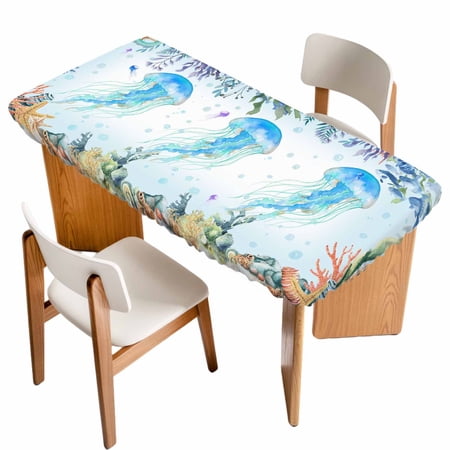 Jellyfish Coastal Table Cloths for 4 Foot Rectangle Tables Summer Nautical Starfish Coral Ocean Patio Waterproof Elastic Fitted Tablecloths Washable Rectangular Table Cover for Camping