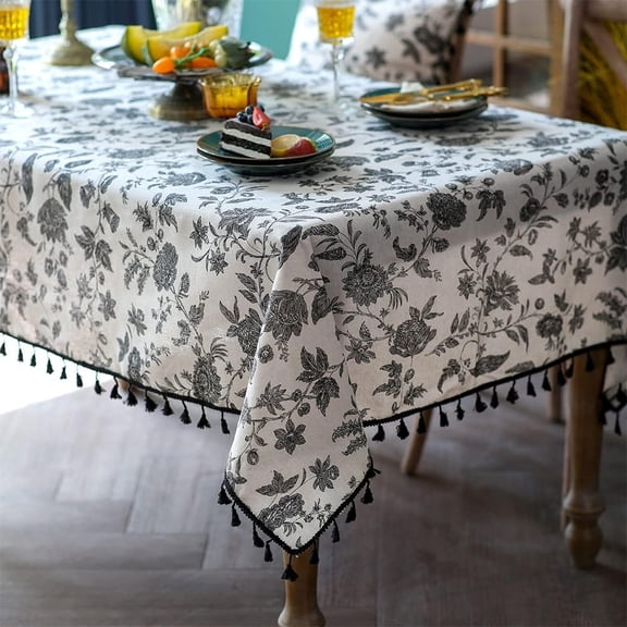 Boho Cotton Linen Tablecloth Bohemian Black Floral Beige Fabric Tassel Lace Farmhouse Table Top Dust-Proof for Home Kitchen Holiday Party Dining Table(Black Flower, Rectangle, 60"x84")