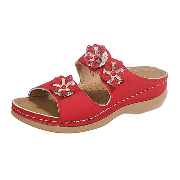 FRSASU Slippers for Women,Women'S Summer Solid Color Comfortable Hollow Out Wedge Flowers Women'S Sandals Slippers Red 9(42)
