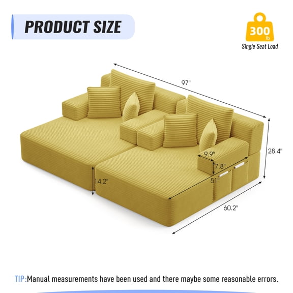 Oversized Double Chaise Lounge 2-Piece Set, Luxurious Plush Corduroy Convertible Sofa Bed with 6 Pillows and Storage Pocket, for Small Spaces,Home Theater, Living Room, Yellow