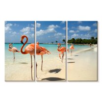 Elephant Stock Aruba Beach Pink Flamingos Wall Art - Horizontal Multi Panel Canvas - Living Room Wall Decor - Animal Multi Panel - Blue And Beige Decor - 38" x 24"