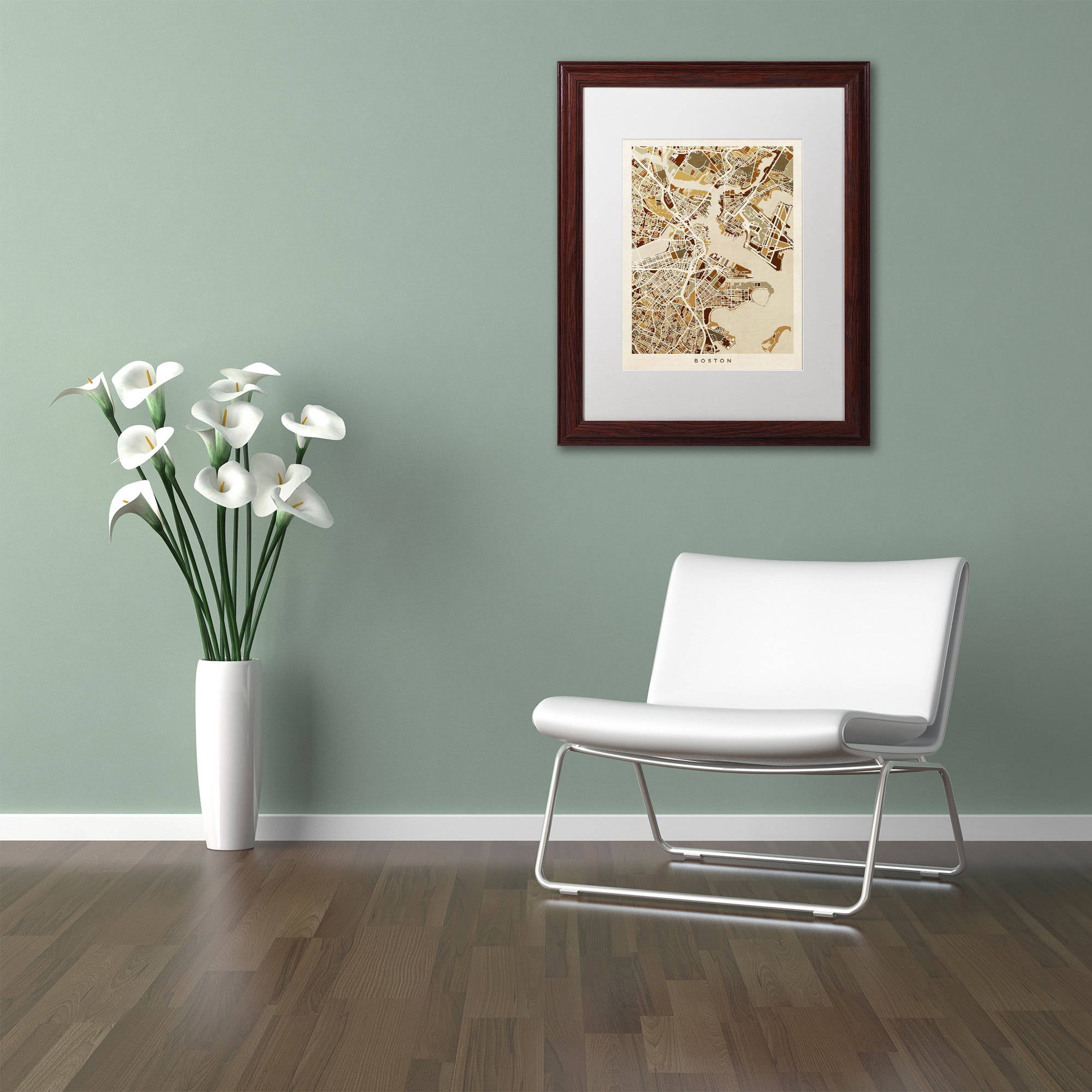 Trademark Fine Art "Boston MA Street Map Brown" Canvas Art by Michael Tompsett, White Matte, Wood Frame