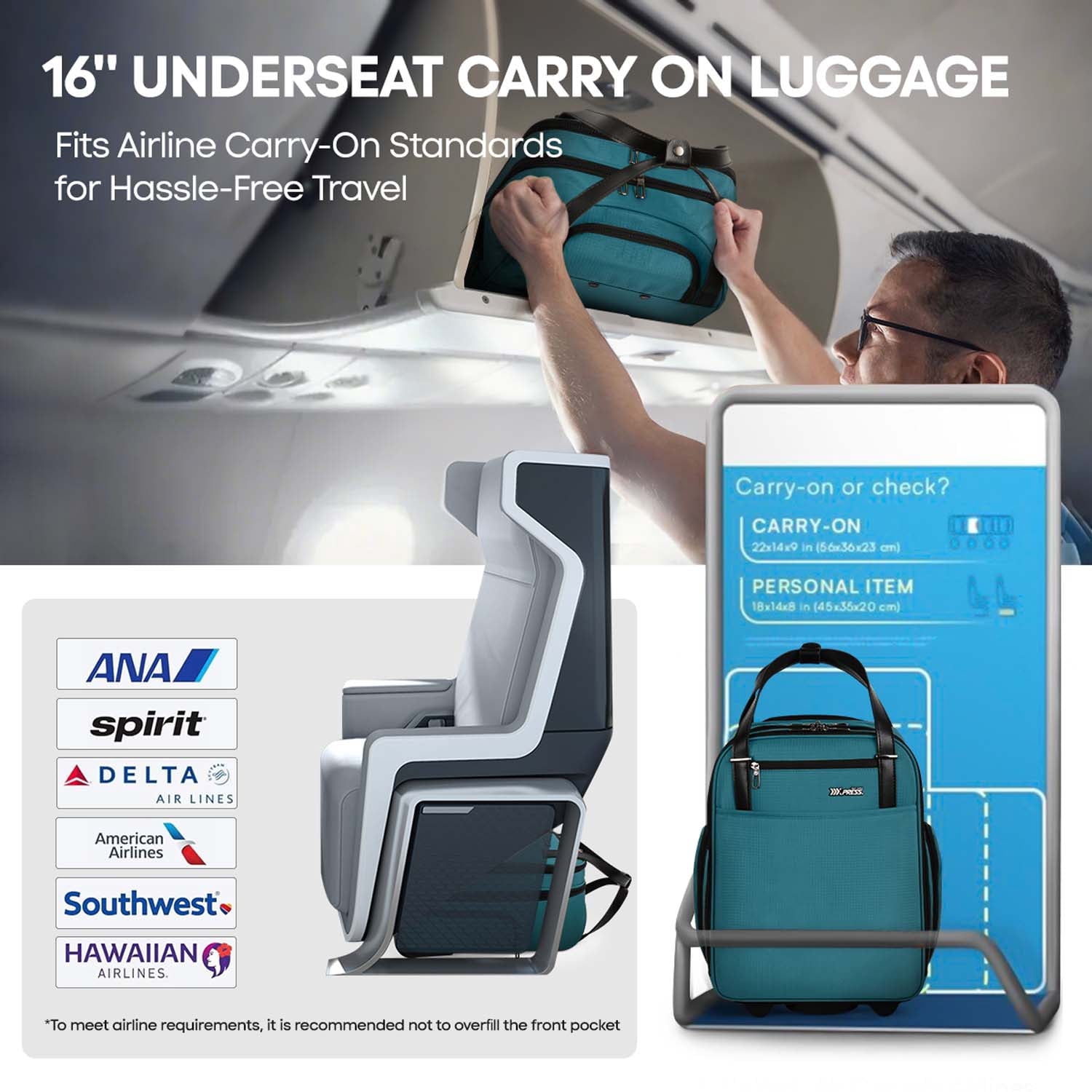 16" Underseat Carry on Luggage for Airplane, Softside Small Rolling Suitcase,Lightweight Personal Item Travel Bag, Green - XJ5011