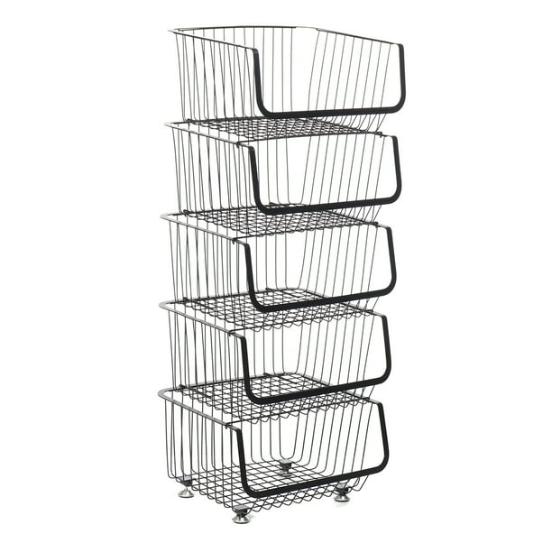 Multifunctional Rolling Stackable Baskets, 2/3/4/5 Tiers Black Wire