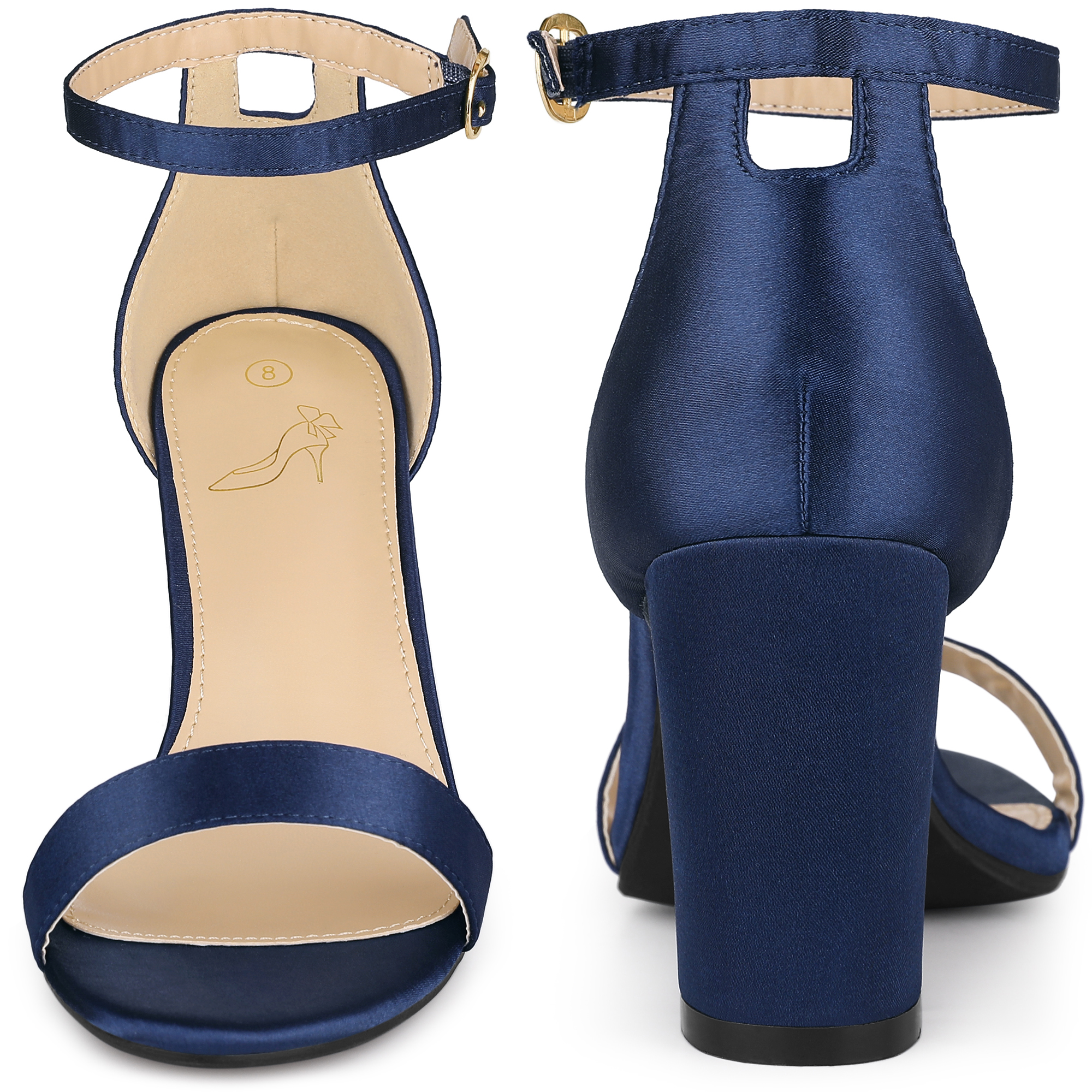 Unique Bargains Women's Open Toe High Heel Ankle Strap Satin Block Heels Sandals Navy Blue 9.5