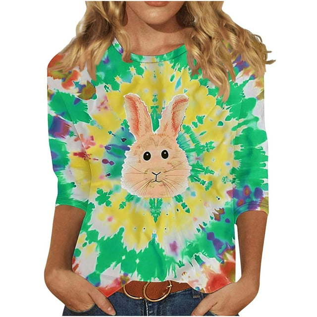 Liquidation d'Été Staron Chemises de Pâques pour Femmes T-Shirts Col Rond Manches 3/4 Blouses Graphiques Habillées T-Shirts Basiques Chemises d'Été Habillées Hauts