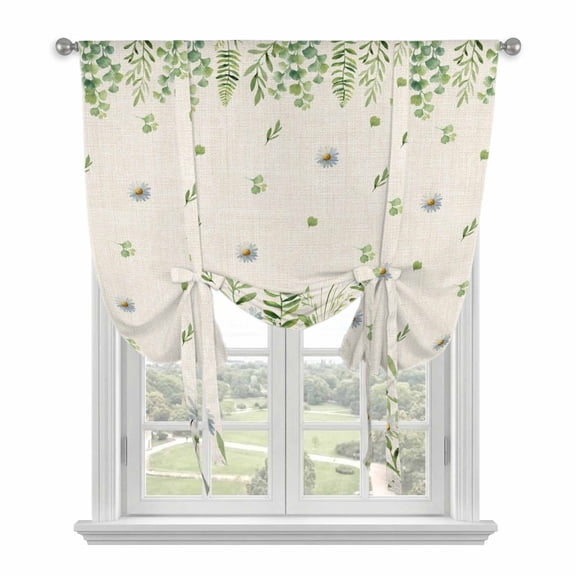 Farmhouse Botancial Tie Up Curtains for Windows, Adjustable Balloon Window Shades, Pastoral Daisy Leaves Rustic Burlap Kitchen Window Treatments Farmhouse Short Curtains with Rod Pocket 42"x45"