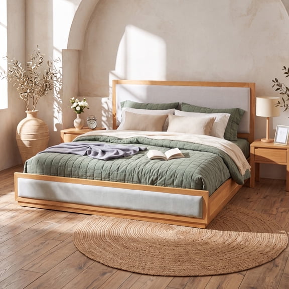 Christopher Knight Home Modern King Upholstered Bed Frame with Wood Slat Support, Natural Light Gray