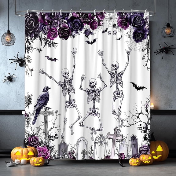 Skull Skeleton Shower Curtain Halloween Funny Gothic Spooky Purple Red Floral Bats Raven Tomb Fabric for Bathroom Decor 66x72in