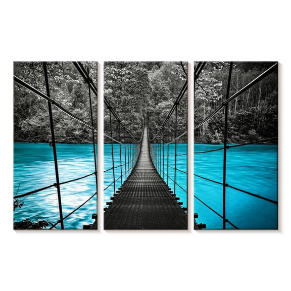 Elephant Stock Suspension Bridge Wall Art - Horizontal Multi Panel Canvas - Living Room Wall Decor - Architecture Multi Panel - Turquoise And Black Decor - 23" x 14"