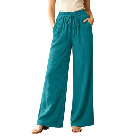 Lmueinov Womens Wide Leg Pants with Pockets Cotton Drawstring High Waisted Flowy Palazzo Pants Summer Fall Lightweight Loose Fit Travel Vacation Pants