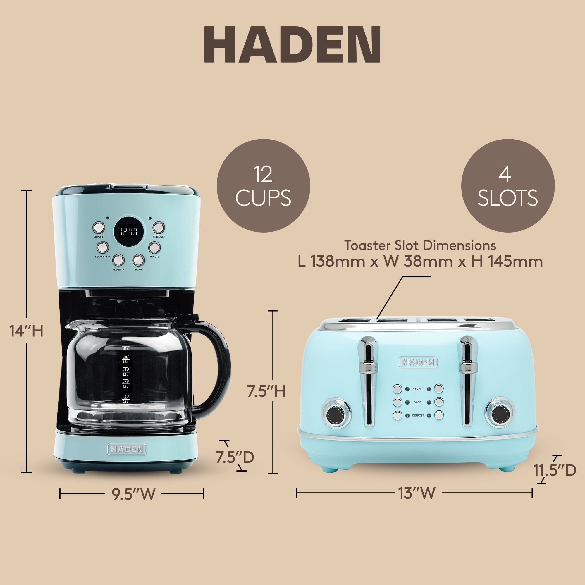 Haden Coffee Maker & Heritage 4 Slice Wide Toaster, Turquoise & Chrome