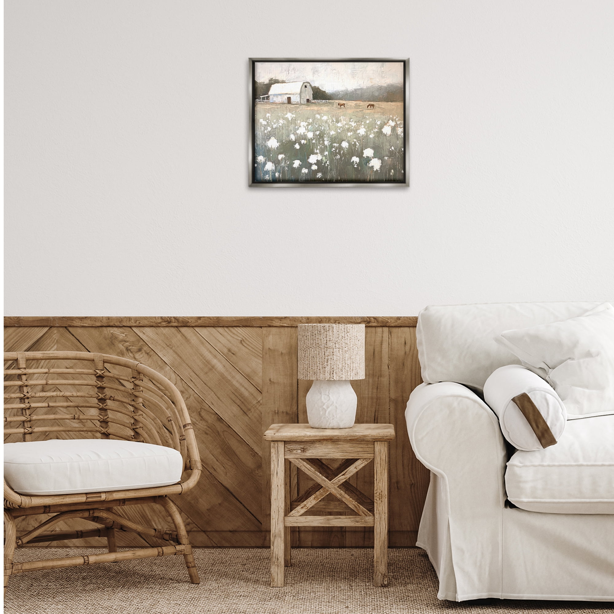 Stupell Industries Peaceful Horse Pasture Landscape Painting Gray Floater Framed Canvas Art Print Wall Art, 21 x 17