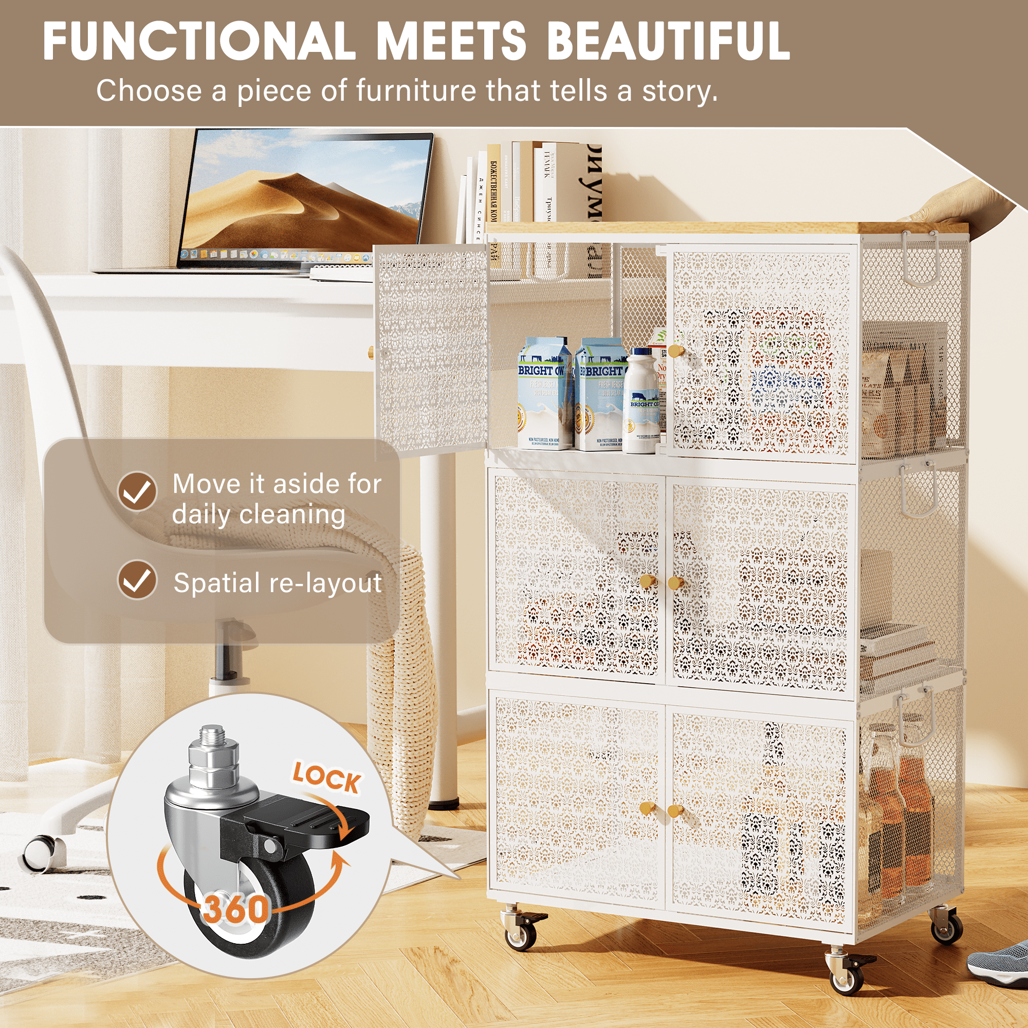 APONWILL 3-Tier Metal Storage Cabinet with Wheels, Magnetic-Closing Doors, and Dividers Effortless and Convenient for Living Rooms, Bedrooms, and Garages,21.65in Length.