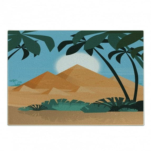 Oasis Cutting Board, Image of a Desert View Pyramids, Decorative Tempered Glass Cutting and Serving Board, in 3 Sizes, by Ambesonne