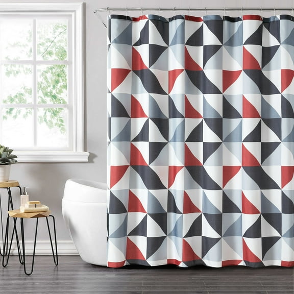 Mainstays 14-Piece Red & Black Geometric Shower Curtain Set – 72" x 72" Fabric Curtain, PEVA Liner & Hooks, Bold Modern Bathroom Décor