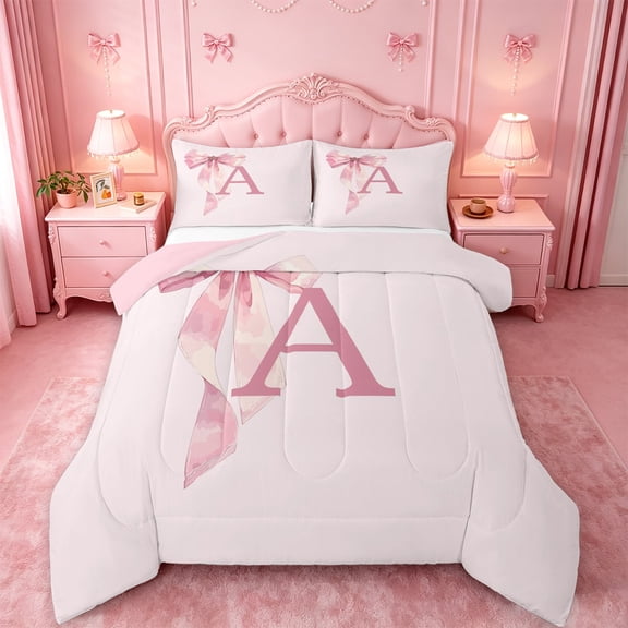 meiyoeat pink Bowknot Monogram A Full Size Comforter Sets,Watercolor Ribbon Initial Bedding Comforter Set,Pink Reversible,3 Pieces,1 Comforter and 2 Pillowcases