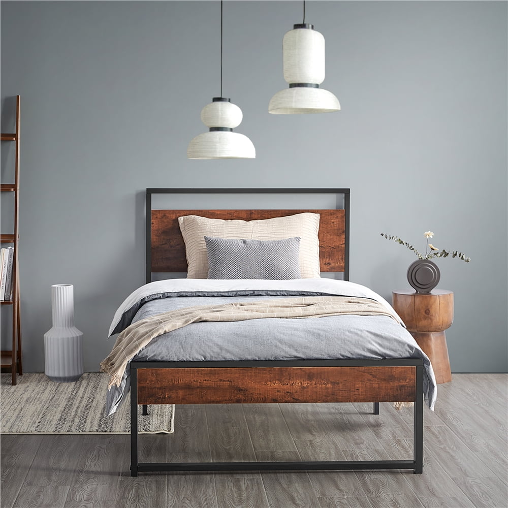 Details about   Sturdy Metal Bed Frame w/Country Rustic/Rustic Brown /Modern Platform Headboard 