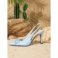 thumbnail image 4 of [On feet & in love] Women's Faux Leather Pointed Toe Slingback Stilettos - Geometric Buckle Detail Dress Pumps with Elastic Ankle Strap,Blue,7, 4 of 7
