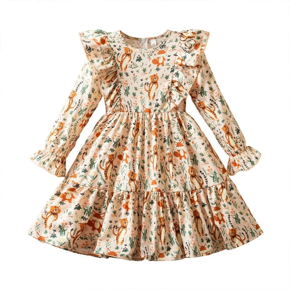 VNKIDY Girls Dresses Girls Long Sleeve Crewneck Ruffled Shoulders Tiered Skirt With Cute Floral Tiger Print Autumn Winter Young Princess Dress For Party Wear Stylish Dress