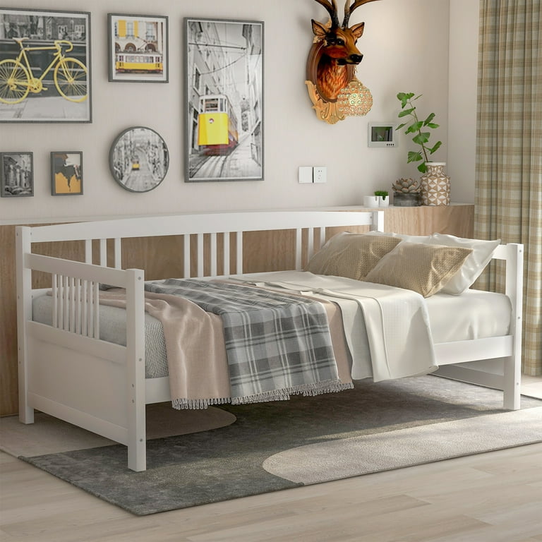 UHOMEPRO Full Size Solid Wood Daybed Modern Daybed Frame with Three Side Rail and Storage Multifunctional Sofa Bed Frame with Wood Slats for Living