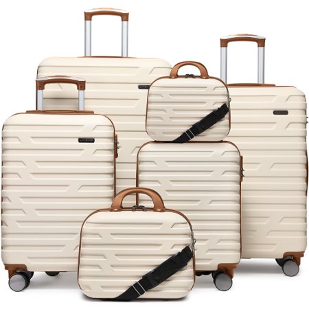 Luggage Sets 6 Piece Hardside Expandable Suitcases with TSA Lock Spinner Wheels Cosmetic Cases, Cream+Brown ABS Travel Luggage Set
