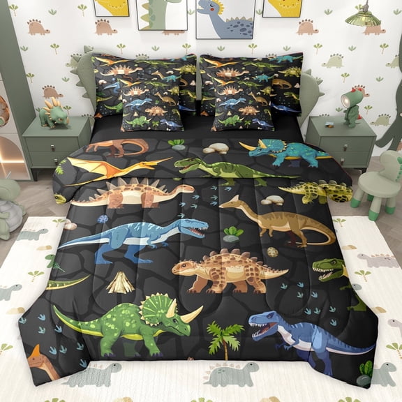 Homewish Dinosaurs Print 7-Piece Twin Bedding Sets,Jungle Dino Bedding Comforter Set,Black Brown Green Sheet Sets For Teens Boys,Luxury Bedroom Decor Reversible
