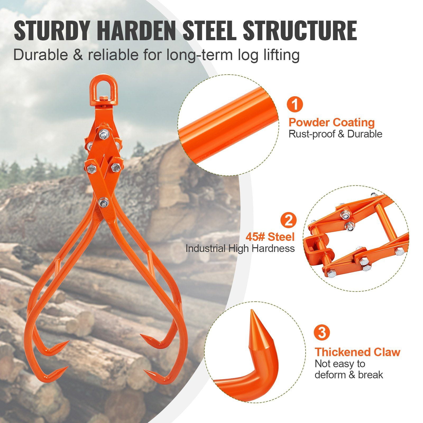28-Inch Steel Log Grapple with Swivel Action - Eagle Claw Design, 2205 lbs Capacity for Forestry Equipment