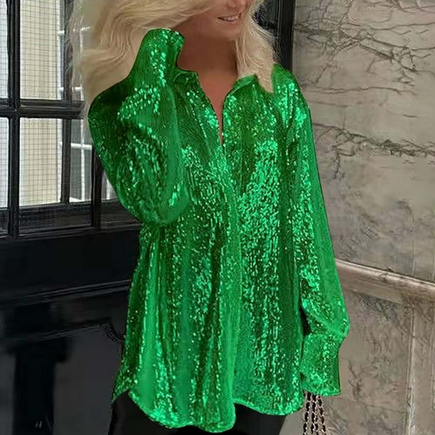 Mujeres moda suelta lentejuelas cuello redondo blusas sólidas