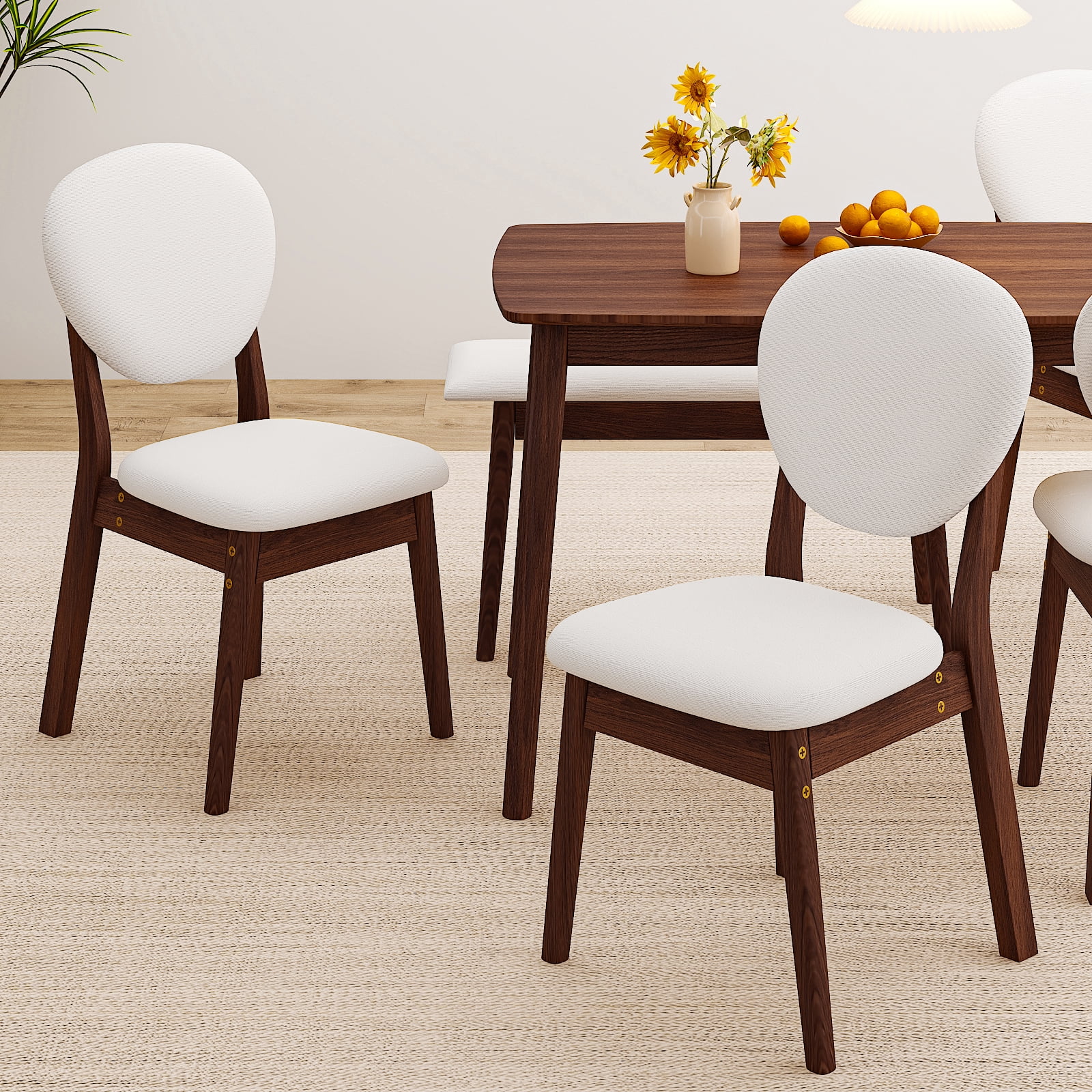 Ktaxon Solid Wood Dining Table Set for 6, Mid-Century Dining Room Table with 4 Padded Chairs & Bench, 47.3" Dining Room Set for 4~6 Family Use, Walnut