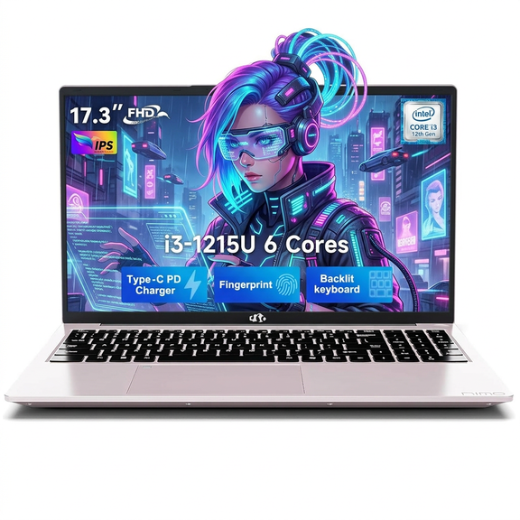 17.3" IPS FHD Laptop 16GB RAM 256GB SSD Intel Core i3-1215U (Beats i5-1135G7) with Wi-Fi 6 Backlit Keyboard Fingerprint USB-C 65W Fast Charge 180° View RoseGold