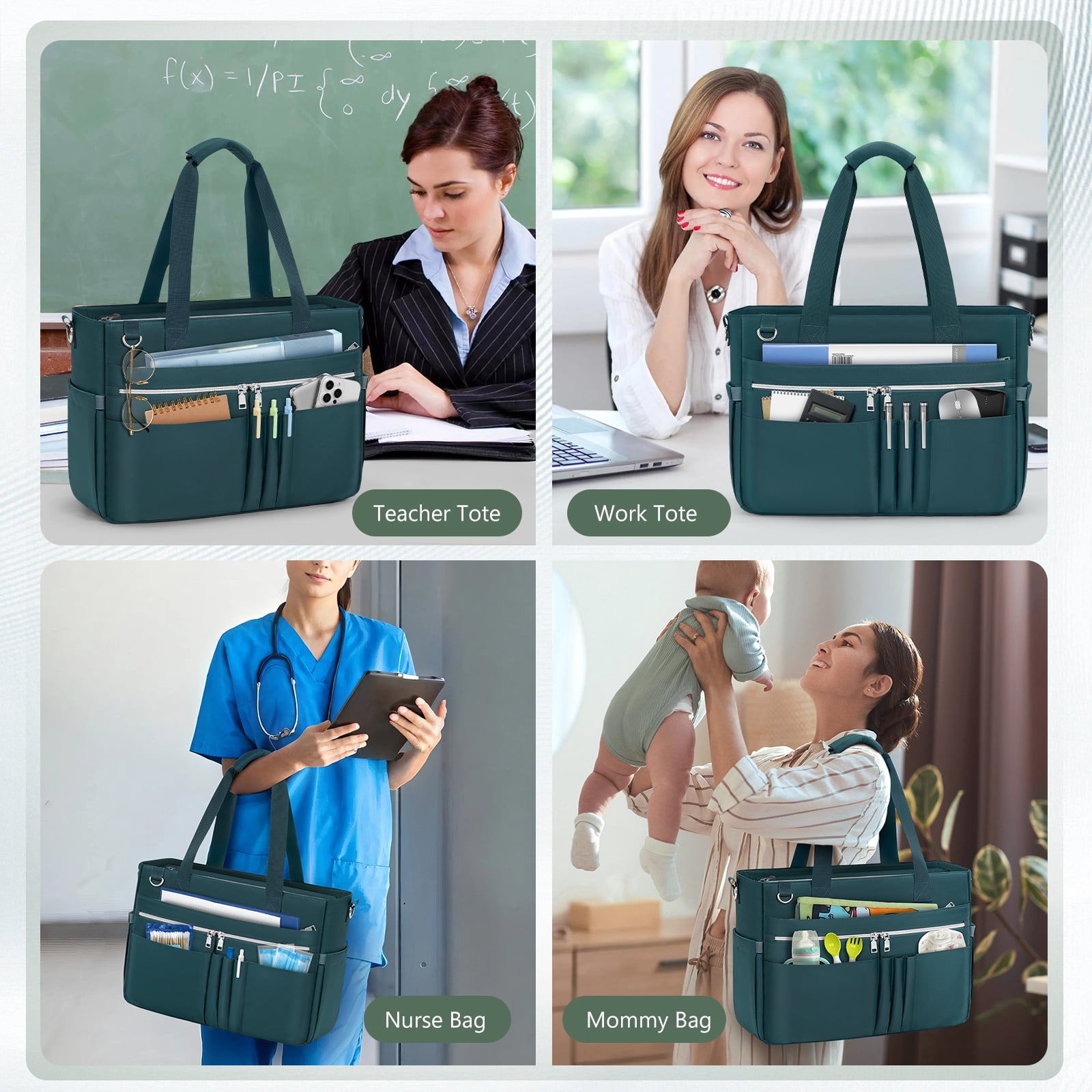 RAINSMORE Teacher Tote Bag for Women 15.6 Inch Laptop Briefcase with Clutch Bag, Nurse Bags Professional Work Handbag for Office College Nursing, Large Utility Tote Messenger Shoulder Bag,Dark Green