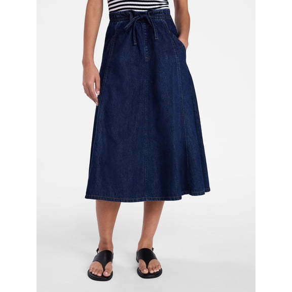 Time and Tru Women's Tie Waist Denim Midi Skirt, Sizes XS-XXXL