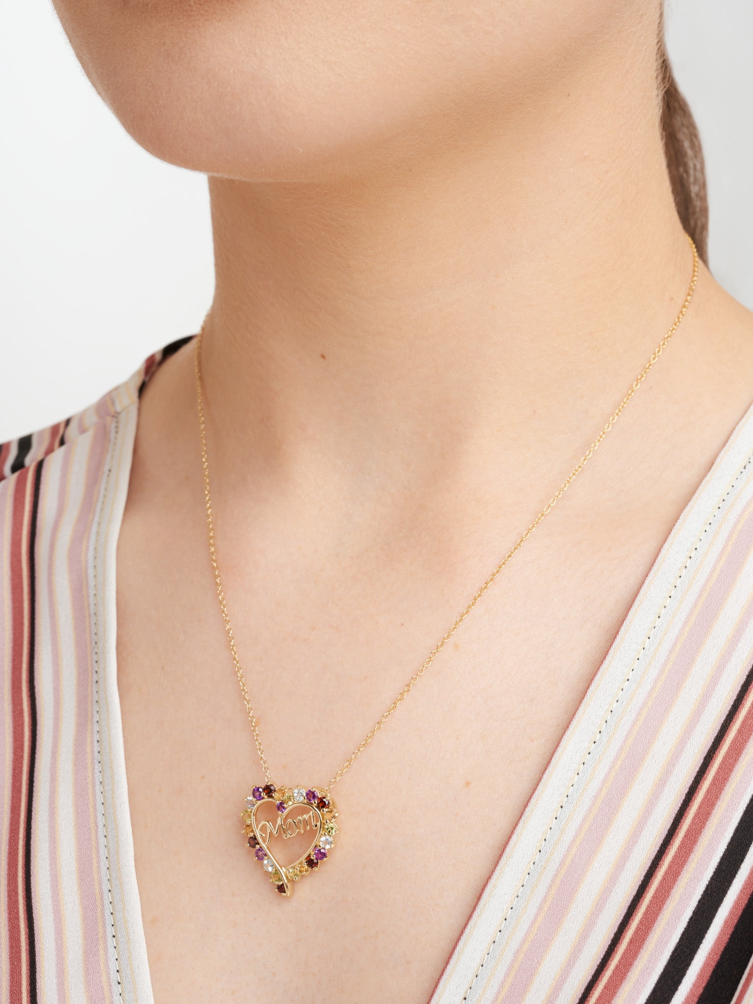 18K Yellow Gold Plated 925 Sterling Silver Multi Genuien Gemstone "Mom" Heart Pendant Neckalce Mother's Day Gift For Her, 18"