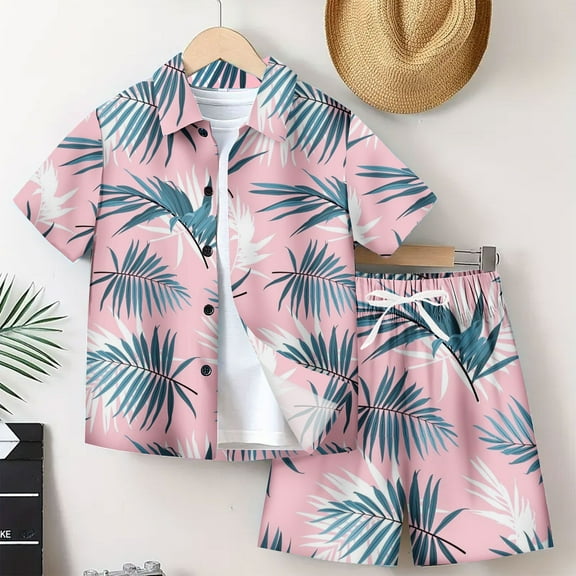 Lilgiuy Kids Boys 2Pcs Shorts Sets Hawaiian Outfit Tropical Leaves Floral Summer Short Sleeve Button Down Shirt Top   Drawstring Shorts Suits for Holiday Vacation Pool(Pink,9-10 Years)