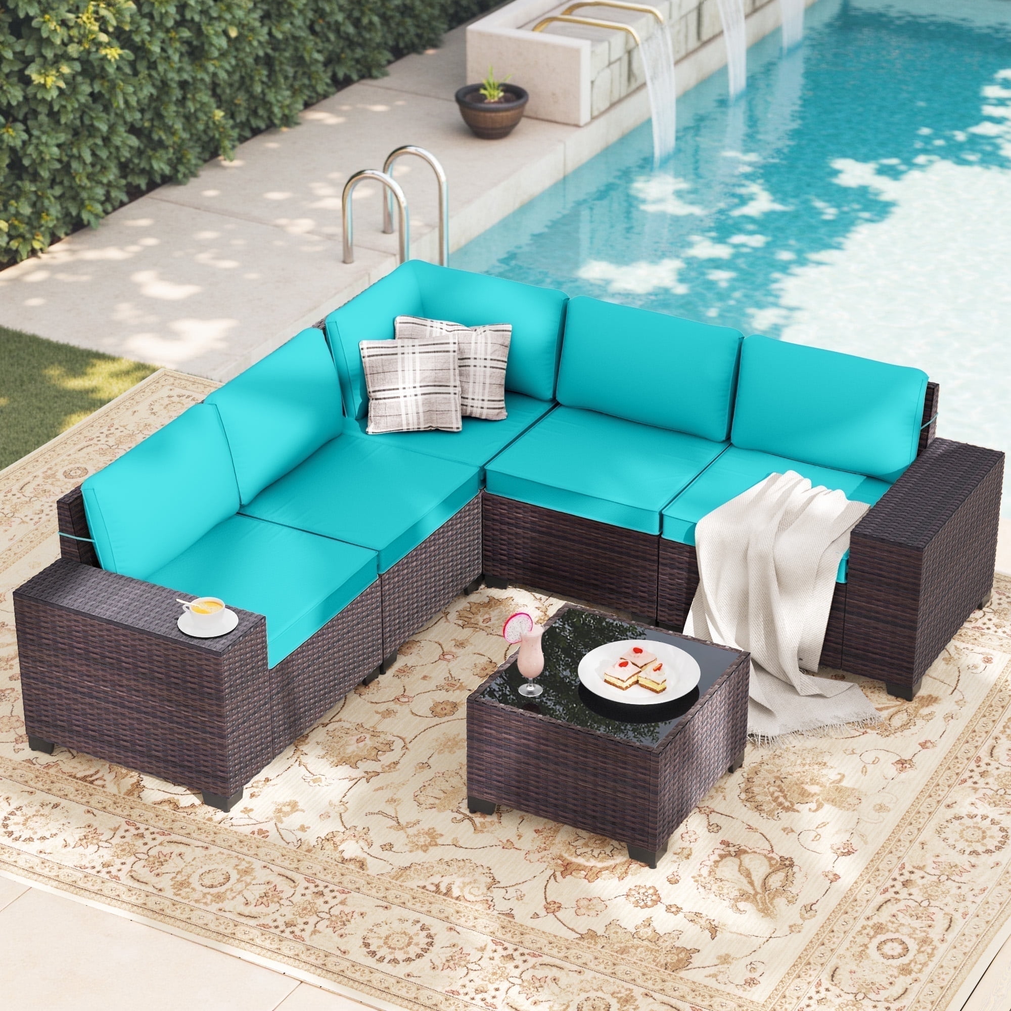 ALAULM 6 Pieces Patio Conversation Set, Outdoor Sectional PE Rattan Wicker Furniture Seat,Blue