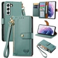 thumbnail image 1 of Wallet Case for Samsung Galaxy S22 Plus Women Men, Durable PU Leather Magnetic Flip Lanyard Strap Wristlet Zipper Card Holder Kickstand Wallet Phone Case Cover Full Body Protection, Green, 1 of 10