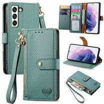 Wallet Case for Samsung Galaxy S22 Women Men, Durable PU Leather Magnetic Flip Lanyard Strap Wristlet Zipper Card Holder Kickstand Wallet Phone Case Cover Full Body Protection, Green