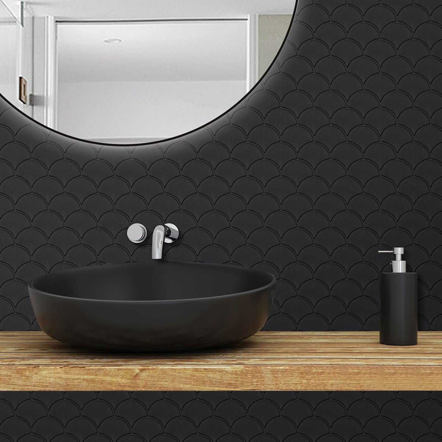 Premium Peel and Stick PET 3D Matte Black Fish Scale Tile Backsplash for Home Walls (10-Sheet)