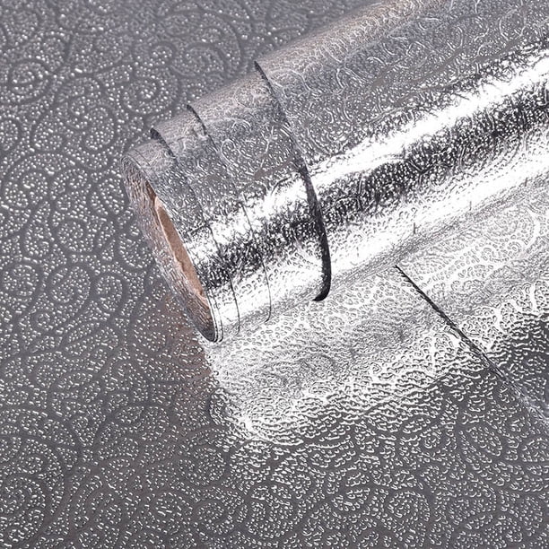 Nvzi Papel pintado autoadhesivo en relieve para cocina, grueso, resistente a la humedad y al agua, papel de aluminio resistente a altas temperaturas y al aceite (plateado, 0,4 m * 3 m)