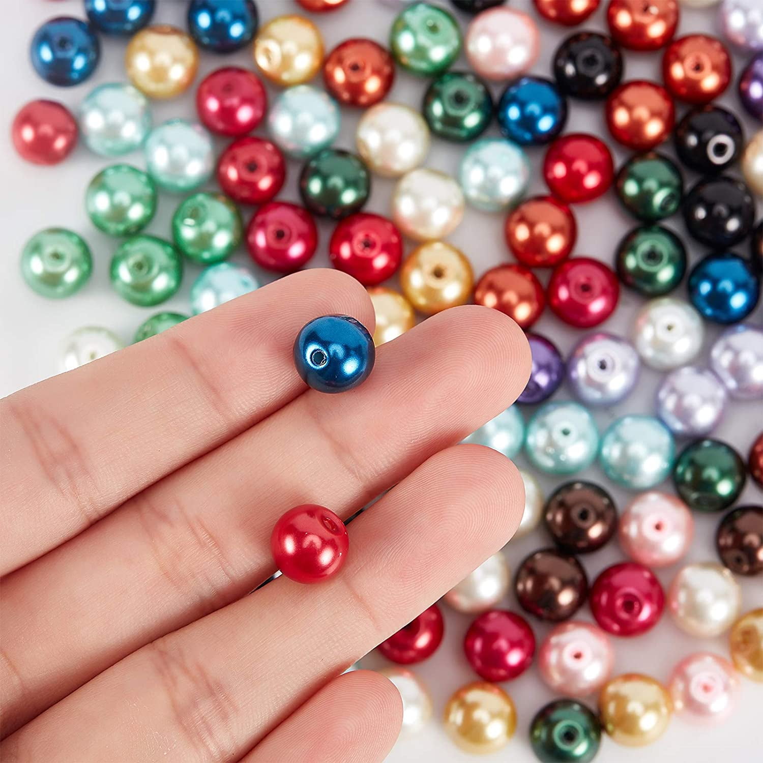 225pcs 15 Color Glass Pearl Beads 10mm Dyed Round Beads Satin Loose Luster Imitation Pearl Beads for Making Earring Necklaces Bracelets and Jewelry DIY Craft Hole: 1mm DIY