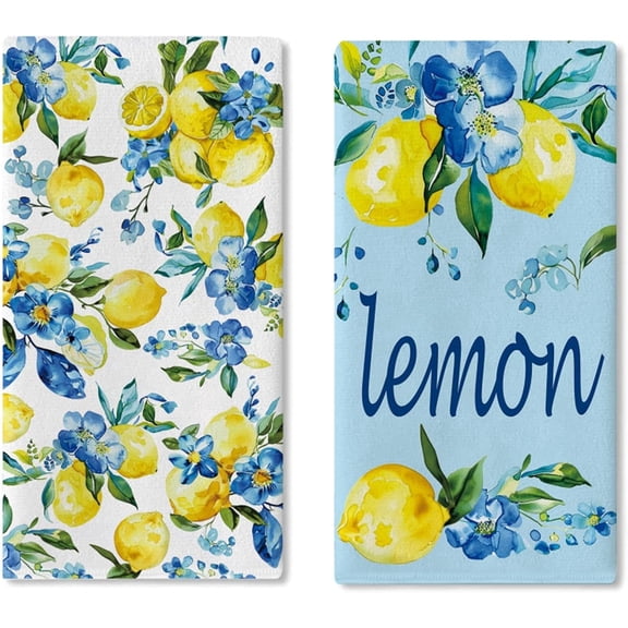 Watercolor Lemon Blue Flower Kitchen Dish Towels Set of 2, Spring Summer Citrus Fruit Floral Drying Hand Towel Baking Cooking Cloth, Mediterranean Plant Botanical Bathroom Home Decor 18''x26''