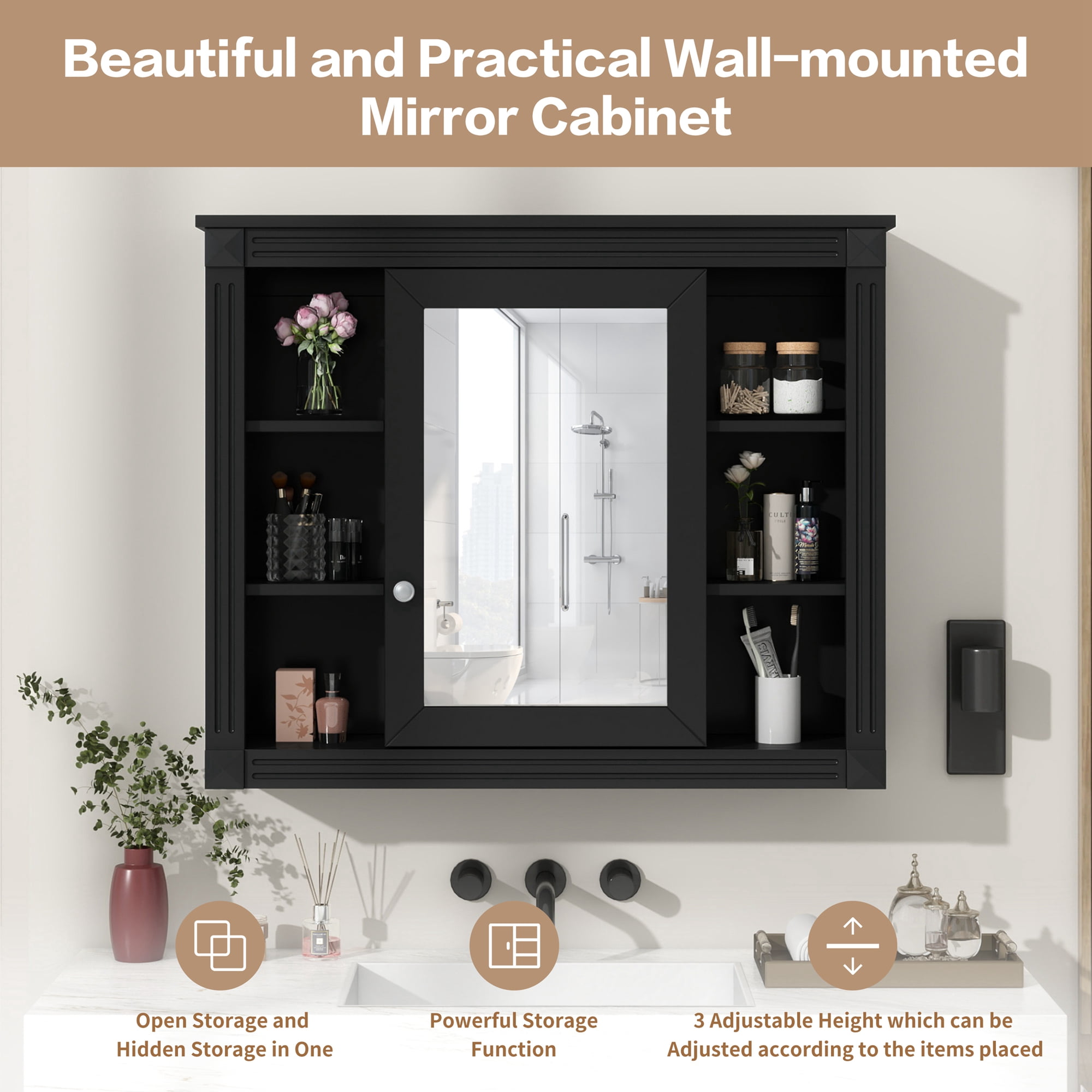 MAYEERTY 35'' x 28'' Wall Mounted Bathroom Medicine Cabinet with Mirror, 6 Open Shelves – Storage Cabinet