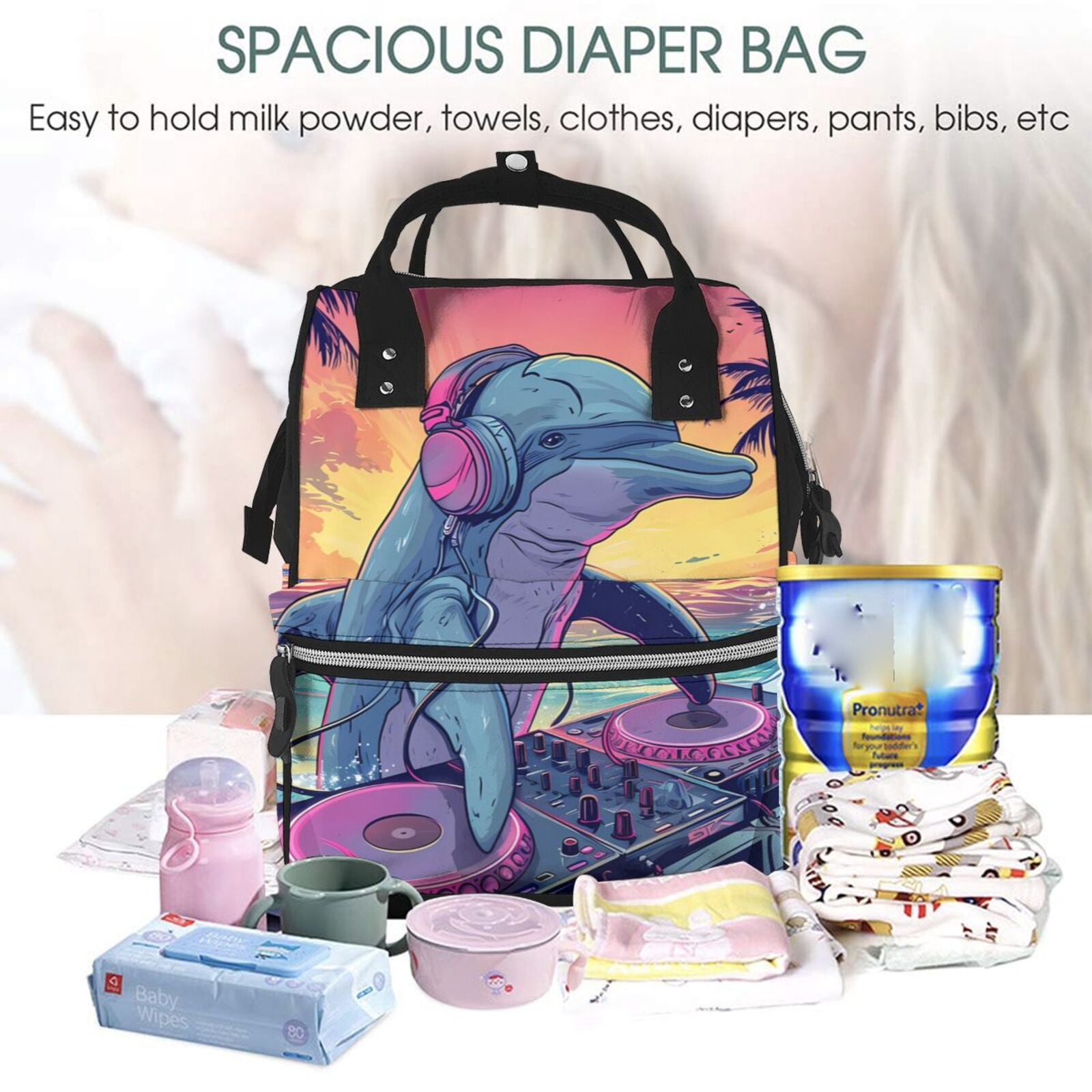 Fuzoiu Hip-Hop DJ Dolphin Print Diaper Bag Backpack,Baby Essentials Travel Tote,Multi function Waterproof Diaper Bag, Travel Essentials Baby Bag - Unisex